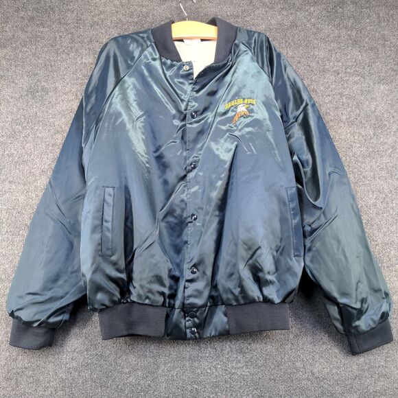 Men's Eagles Lodge #976 Bomber Jacket XXL Blue Snap Nylon Lined Vintage Made USA - Picture 2 of 13